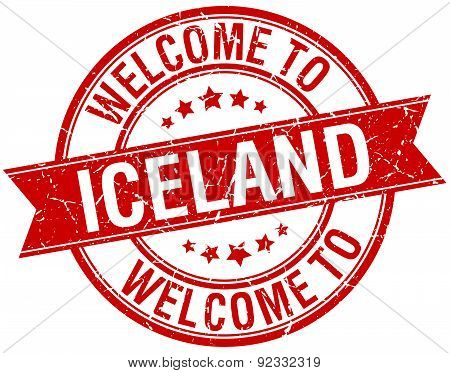 Welcome To Iceland Red Round Ribbon Stamp