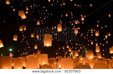 Sky Lanterns Festival Or Yi Peng Festival In Chiang Mai, Thailand