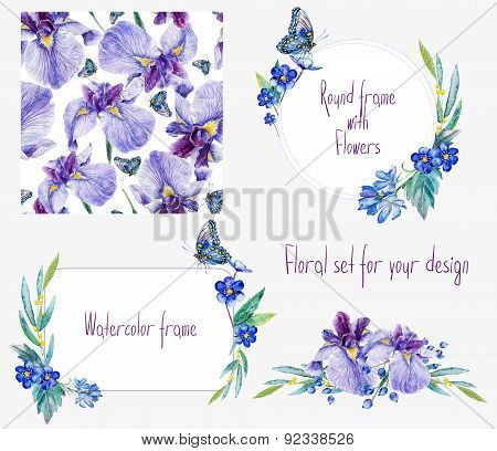 Watercolor Floral Set Templates With Irises For Your Design.