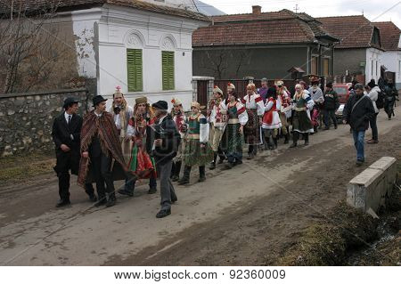 People In Traditional Costumes Celebrating The Winter Carnival