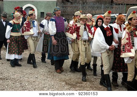 People In Traditional Costumes Celebrating The Winter Carnival