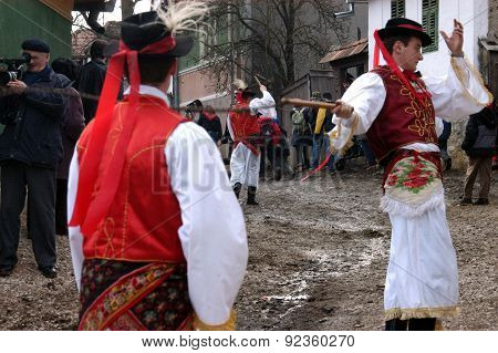 People In Traditional Costumes Celebrating The Winter Carnival