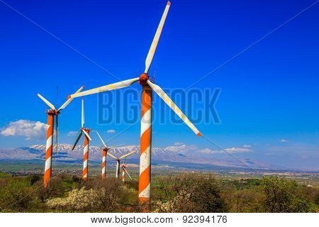 Israel. The blossoming Golan heights in a sunny day. Some huge modern windmills. In the distance snow-covered Hermon is seen