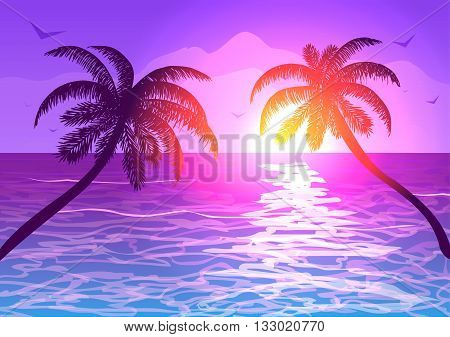 Vector illustration. Silhouettes of palm trees on the background of the ocean at sunset.