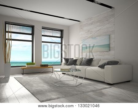 Interior of modern design room with sea view 3D rendering