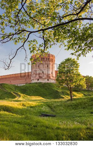Russia Smolensk. 26 May 2016. The ancient city wall in the evening sunlight.
