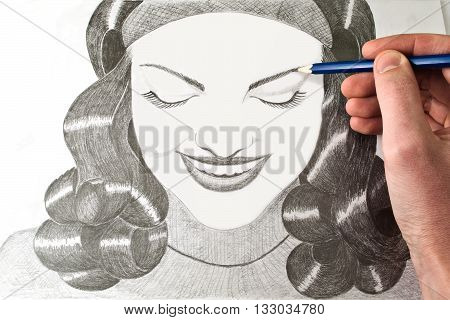 Drawing young brunette lady with a pencil on paper