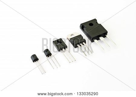 Various kinds of transistors on the white background
