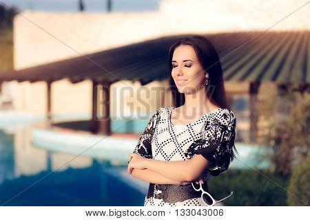 Happy Woman by the Pool Enjoying Summer Holiday