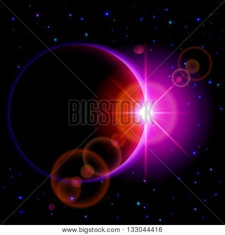 Space background. Dark planet with purple radiance and bright flare among stars and other planets