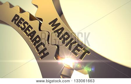 Market Research - Concept. Market Research Golden Metallic Cogwheels. Golden Metallic Gears with Market Research Concept. Market Research - Illustration with Lens Flare. 3D.