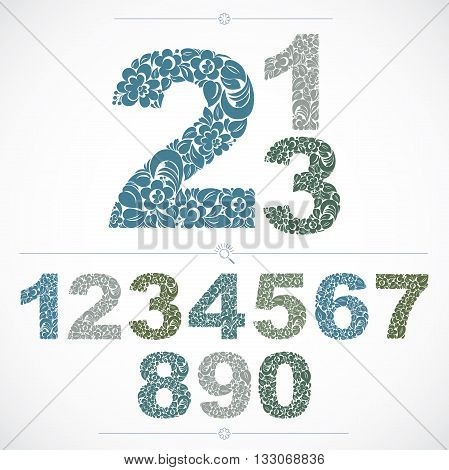 Ecology style flowery numbers vector numeration made using natural ornament. Colorful digits created with spring leaves and floral design.
