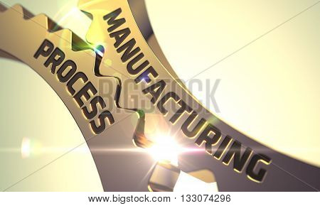 Manufacturing Process on the Mechanism of Golden Metallic Gears. Manufacturing Process Golden Metallic Gears. Manufacturing Process - Concept. Manufacturing Process - Industrial Design. 3D Render.