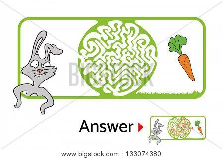 Maze puzzle for kids with rabbit and carrot. Labyrinth illustration, solution included.