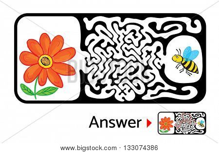 Maze puzzle for kids with bee and flower. Labyrinth illustration, solution included.