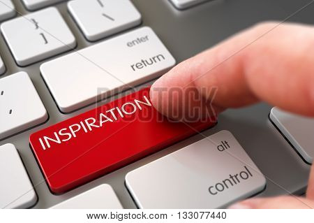 Computer User Presses Inspiration Red Button. Finger Pressing a Computer Keyboard Key with Inspiration Sign. Man Finger Pushing Inspiration Red Button on Modern Laptop Keyboard. 3D Render.
