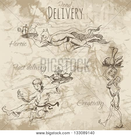People in a hurry to deliver different food and drinks on a tray. Vector illustration on the old paper background.