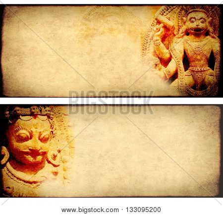Collection of grunge background with paper texture and landmarks of India - statues of Hindu gods