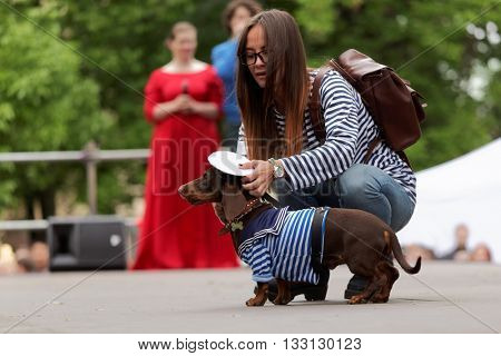 ST. PETERSBURG, RUSSIA - MAY 28, 2016: Woman with her dog in costume of seaman during Dachshund parade. The traditional festival is timed to the City day