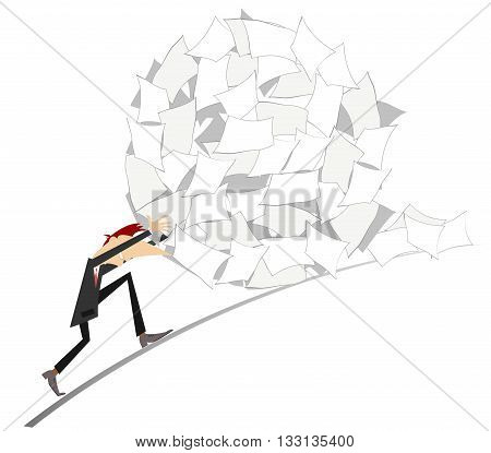 Hard work. Businessman rolls up a big ball of papers
