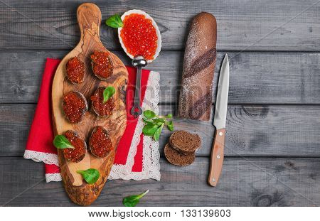 Small Canape Sandwiches With Fish Red Caviar