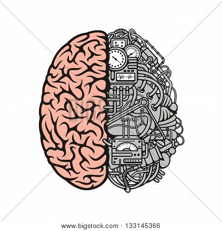 Brain machinery cartoon symbol with right hemisphere as an anatomically detailed human cerebral cortex and another as a data processing center with devices and equipments