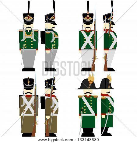 Army soldiers in Russian uniforms and weapons were used in the 1812 war. The illustration on a white background.