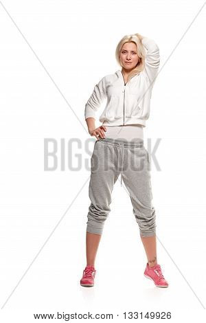 fitness woman. Young sporty Caucasian female model isolated on white background in full body