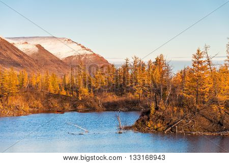 Mountain Lake In Tundra, Deep Autumn In The Taimyr Peninsula Near Norilsk.