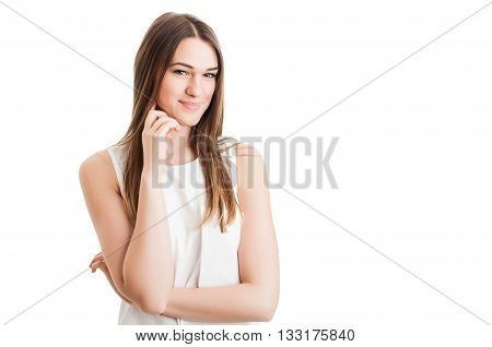 Young Beauty Woman In Casual Shirt Smiling And Looking Friendly