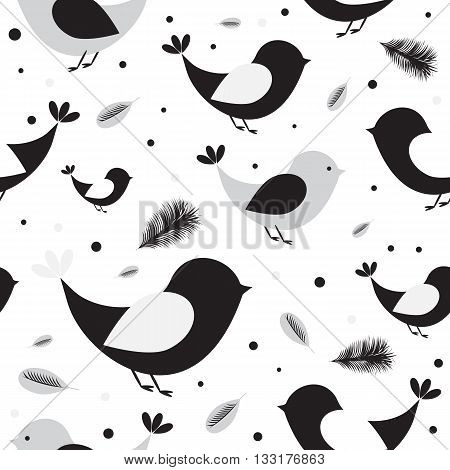 Seamless pattern with feathers and birds on a light background