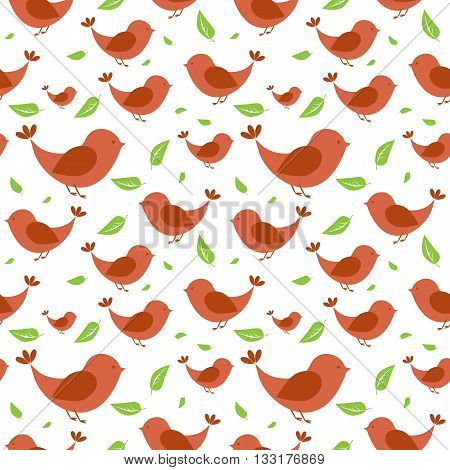 Seamless pattern with green leaves and birds on a light background