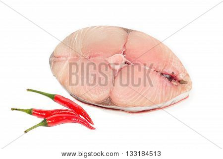 Fillet of Spanish Mackerel Slide with chili on white background, Scomberomorus