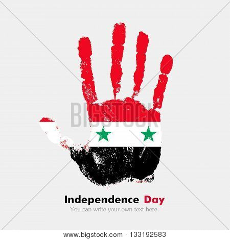 Hand print, which bears the Flag of Syria. Independence Day. Grunge style. Grungy hand print with the flag. Hand print and five fingers. Used as an icon, card, greeting, printed materials.