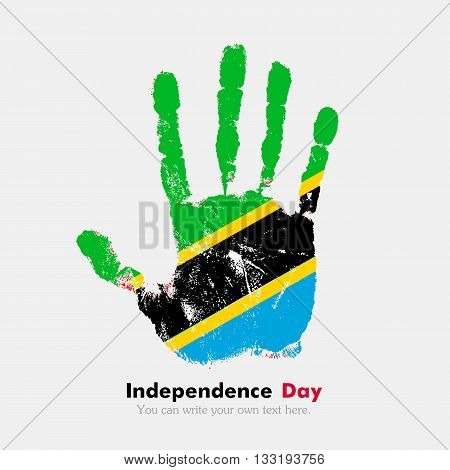 Hand print, which bears the Flag of Tanzania. Independence Day. Grunge style. Grungy hand print with the flag. Hand print and five fingers. Used as an icon, card, greeting, printed materials.