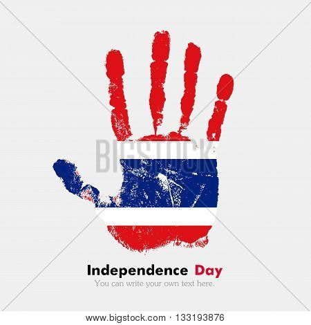 Hand print, which bears the Flag of Thailand. Independence Day. Grunge style. Grungy hand print with the flag. Hand print and five fingers. Used as an icon, card, greeting, printed materials.