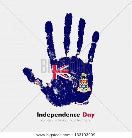 Hand print, which bears the Flag of the Cayman Islands. Independence Day. Grunge style. Grungy hand print with the flag. Hand print and five fingers. Used as an icon, card, greeting, printed materials.