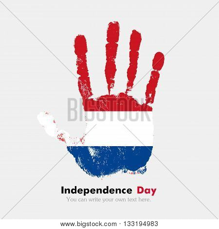 Hand print, which bears the Flag of the Netherlands. Independence Day. Grunge style. Grungy hand print with the flag. Hand print and five fingers. Used as an icon, card, greeting, printed materials.