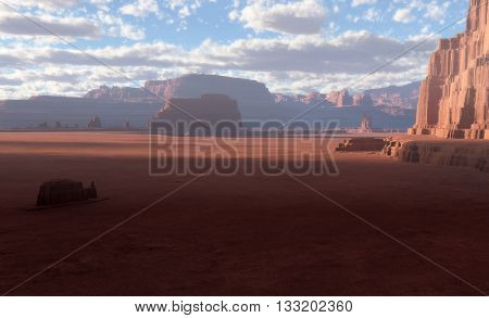 Red planet. Fantasy desert landscape. 3D illustration