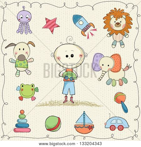 Hand drawn child's toys with little boy and frame. Seamless background.