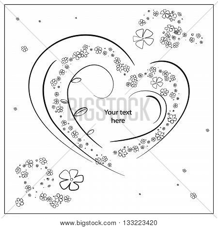 Black and white vector ornament. Hearts, flowers, leaves.