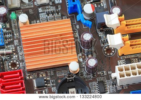 Socket electronics components on PC computer mainboard and have concept about technology.