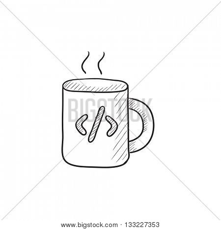 Cup of coffee with code sign vector sketch icon isolated on background. Hand drawn Cup of coffee with code sign icon. Cup of coffee with code sign sketch icon for infographic, website or app.