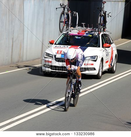 APELDOORN, NETHERLANDS-MAY 6 2016: Larry Warbasse of pro cycling team IAM Cycling during the Giro d'Italia prologue time trial.