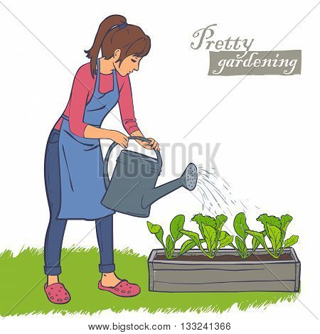 woman watering plants in the flowerpot, lettuce, spinach