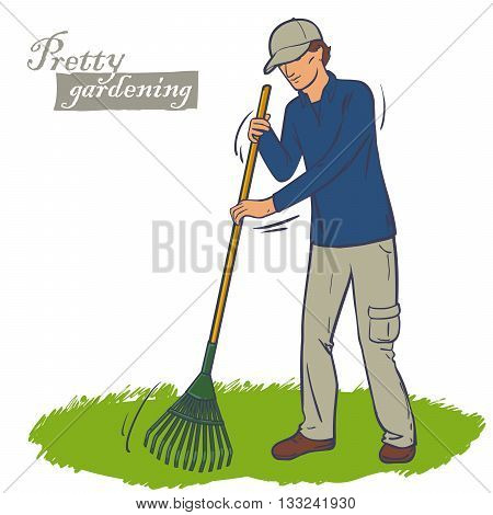 The man in the cap works a rake in the garden. Cleaning green lawn. Lawn care.