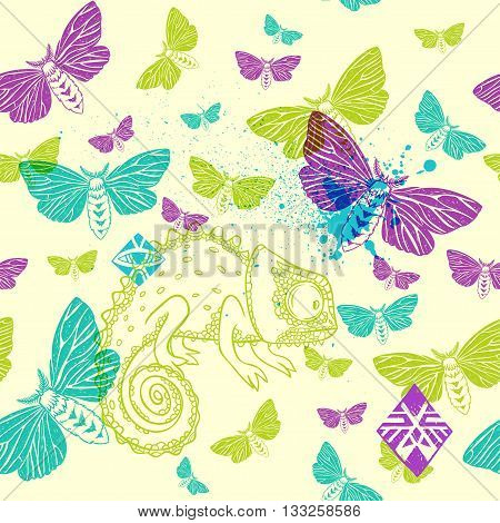 vector seamless pattern with chameleon and butterflies