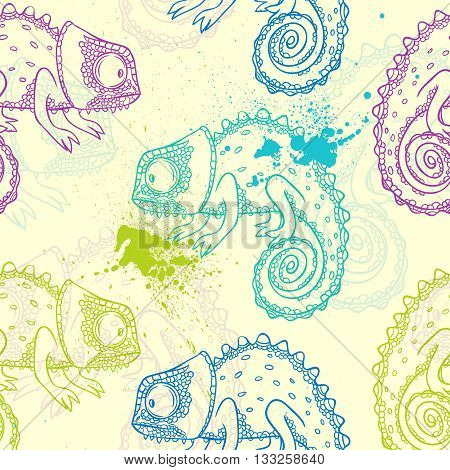 Vector seamless pattern with hand drawn chameleon