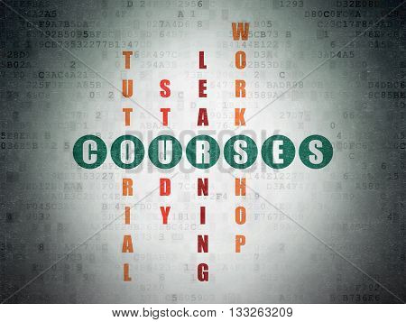 Studying concept: Painted green word Courses in solving Crossword Puzzle on Digital Data Paper background