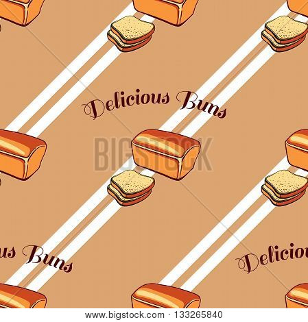 Seamless pattern made from hand drawn bread and text on brown background. Vector illustration.